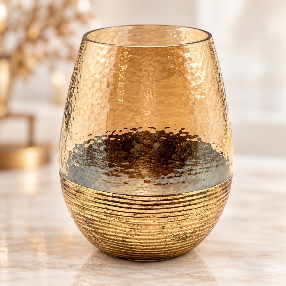 Amber Gold Hammered Glass Vase Candle Holder 8" Metallic Ribbed Glam Decor